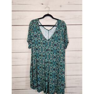 Roaman's Women's Blue Green Geometric V-Neck Short Sleeve‎ Tunic Blouse Size 1X